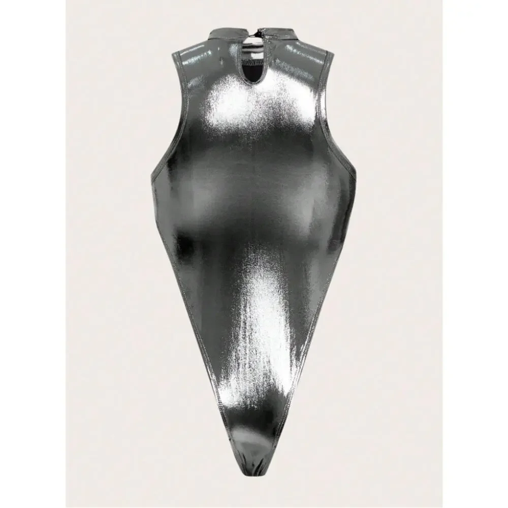 Metallic Silver High Cut Bodysuit Women Sleeveless Mock Neck Cutout Clubwear M - Picture 8 of 10